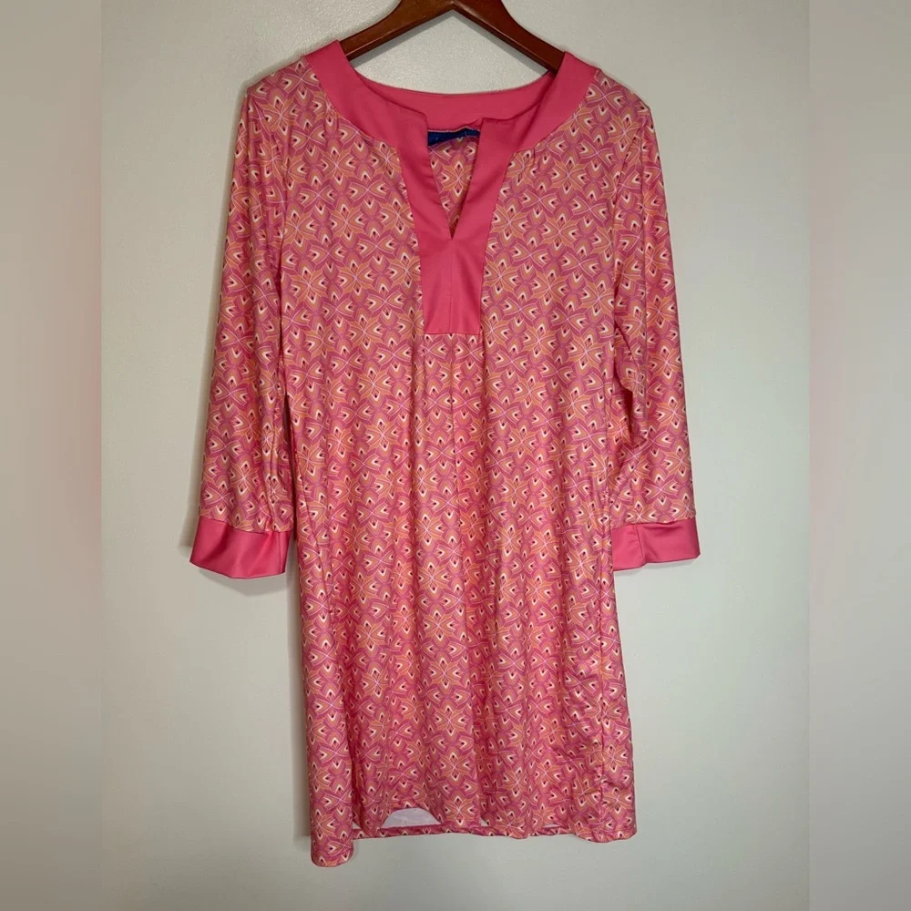 Cabana Life Pink Patterned Tunic Dress/swim coverup with Solid Trim size large - Picture 1 of 14
